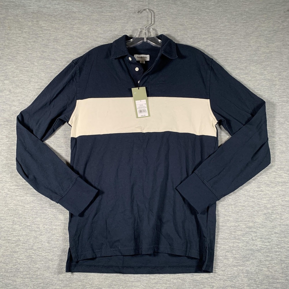 Goodfellow & Co Polo Shirt Mens Small Navy Blue Rugby Stripe Long Sleeve Cotton